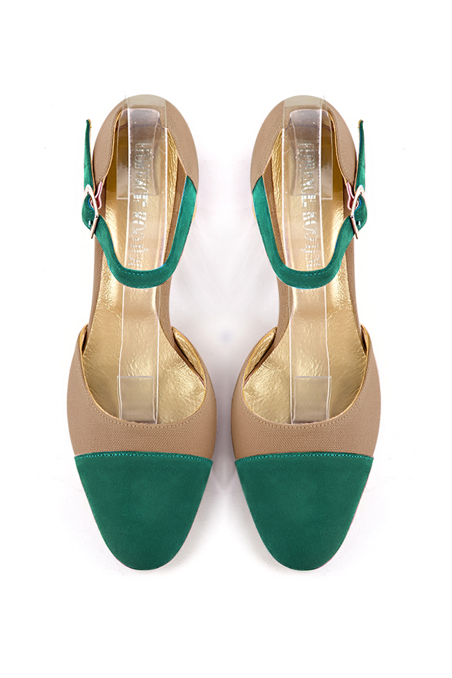 Women's emerald green and tan beige open side dress shoes, with an instep strap. Round toe. Medium block heels - Top view